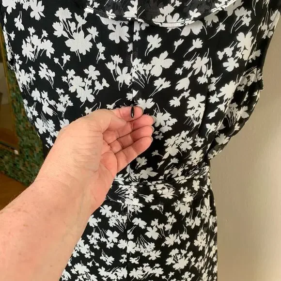 Vintage Size 12 Women's Floral Print Ruffle Dress Black White Tie Waist - Picture 11 of 16